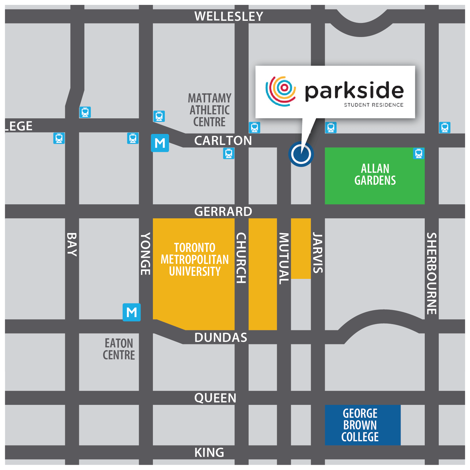 Parkside location map. Student living near Toronto Metropolitan University in Toronto.